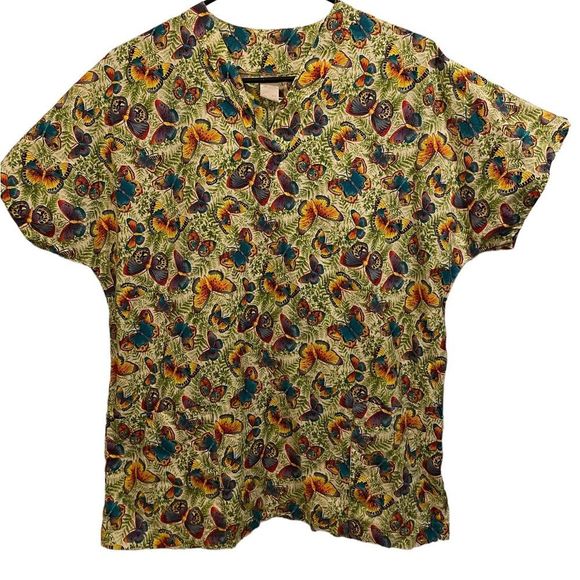 Cotton Club Retro Fun Multicolor Butterfly and Fern Short Sleeve Medical Scrubs - Picture 1 of 7
